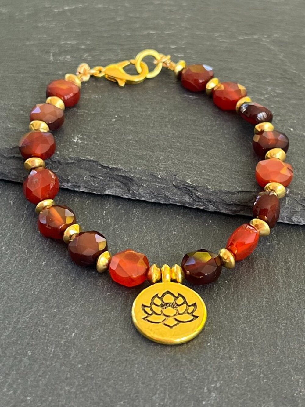 Dream Agate Beaded Bracelet | Gold Lotus Charm Bracelet | Boho Gemstone Bracelet